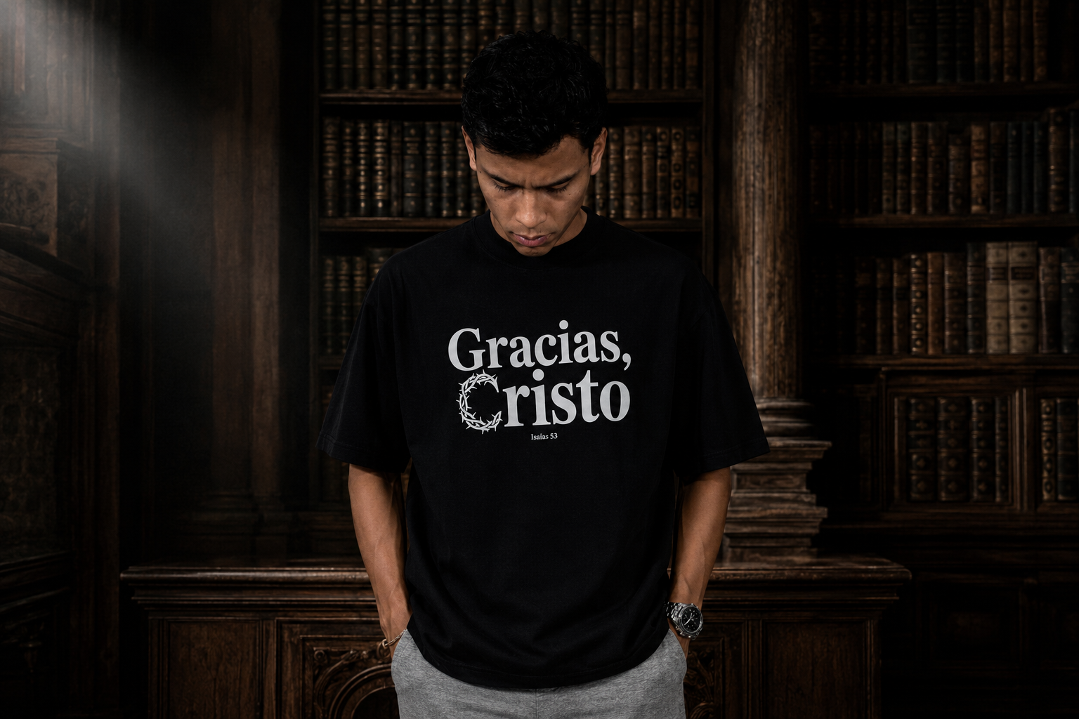 Hombre con camiseta Gracias, Cristo en una biblioteca clásica
