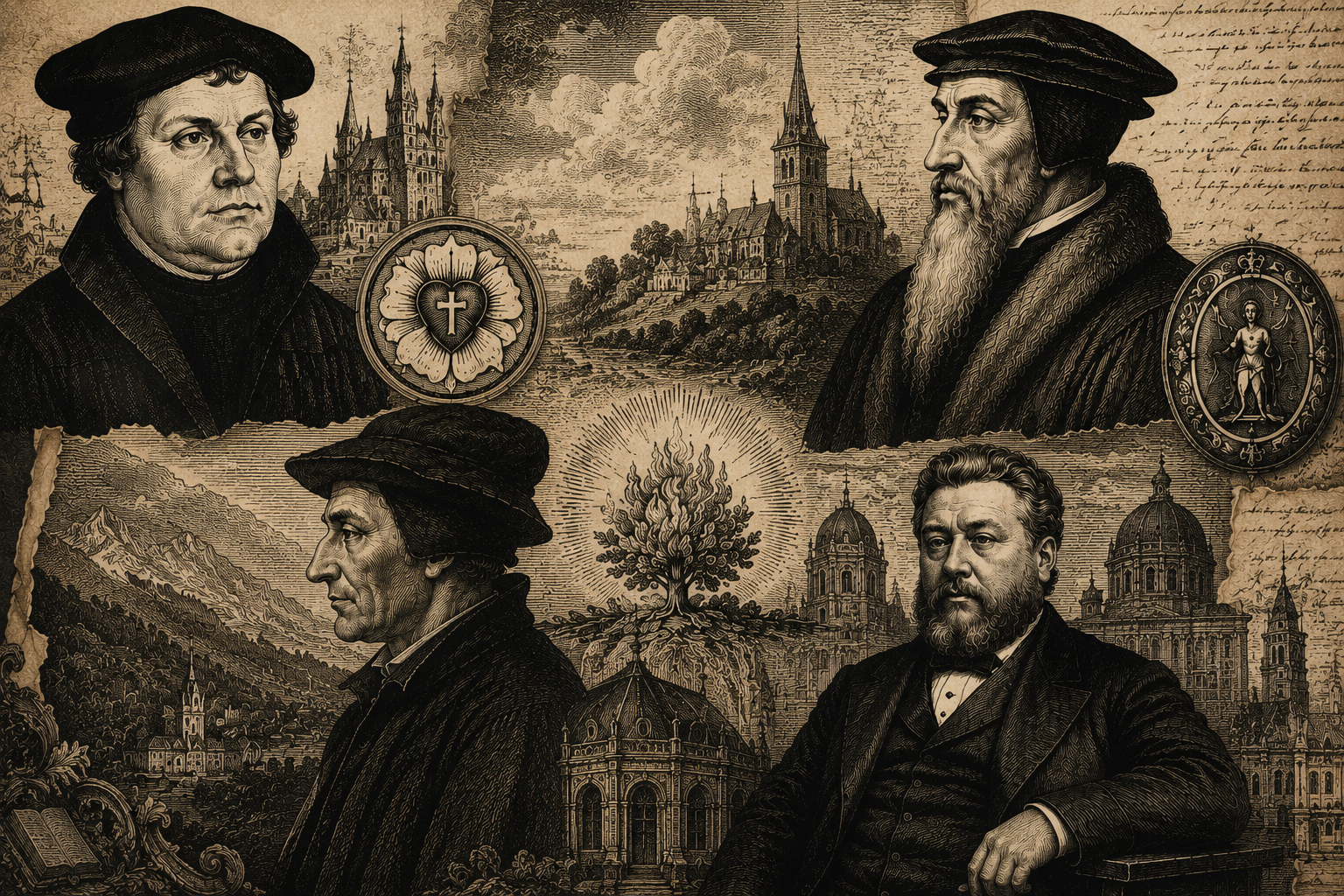 Grabado clásico de reformadores y padres de la fe: Lutero, Calvino, Spurgeon